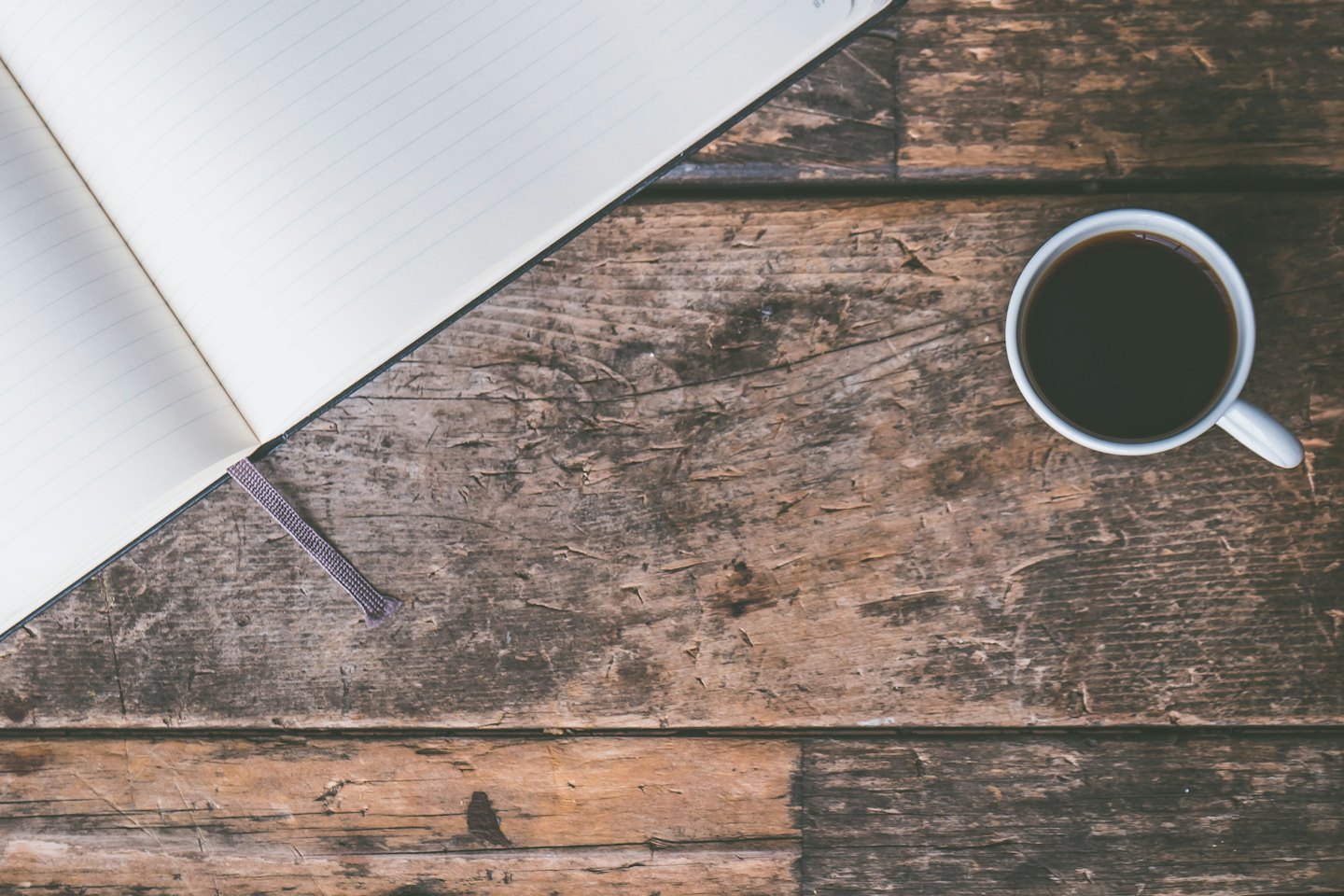 Notebook and coffee mug on a wooden desk.